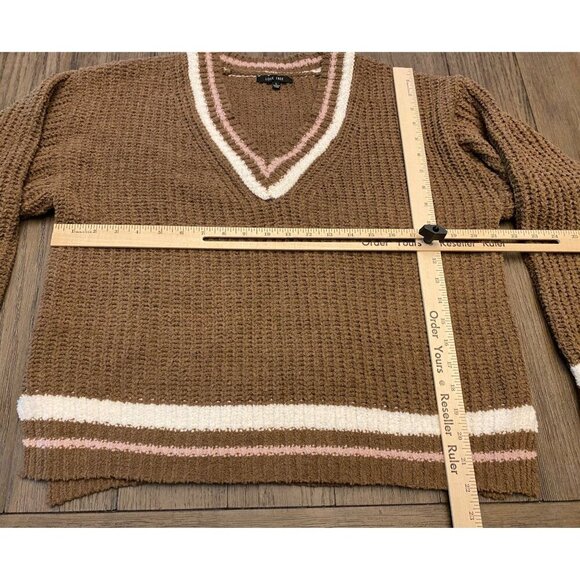 Love Tree Sweater Women’s L Brown V-Neck Ribbed Knit Striped Trim - Picture 7 of 13